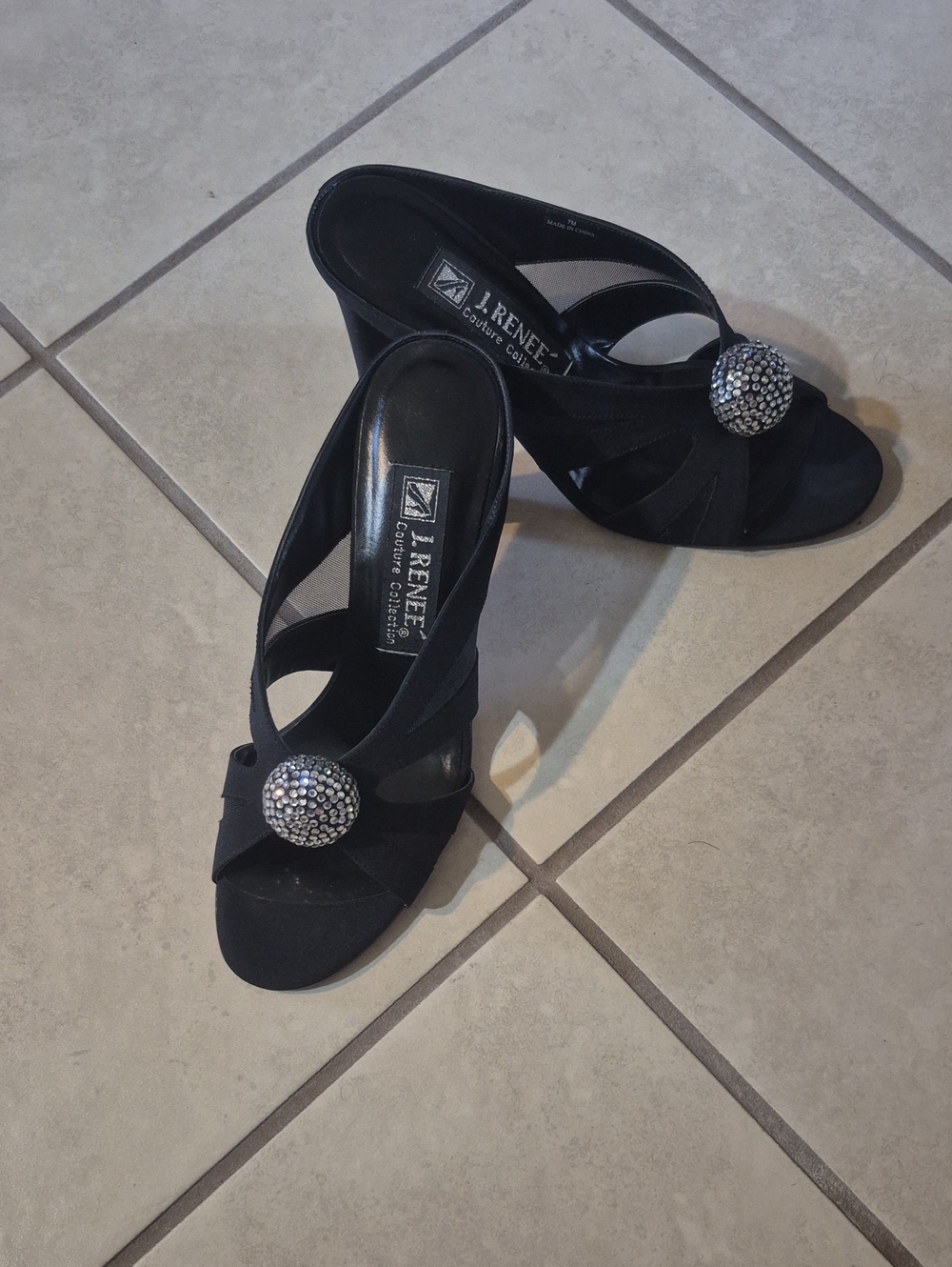 J.Renee Black Satin Heeled Sandals with Crystal Button